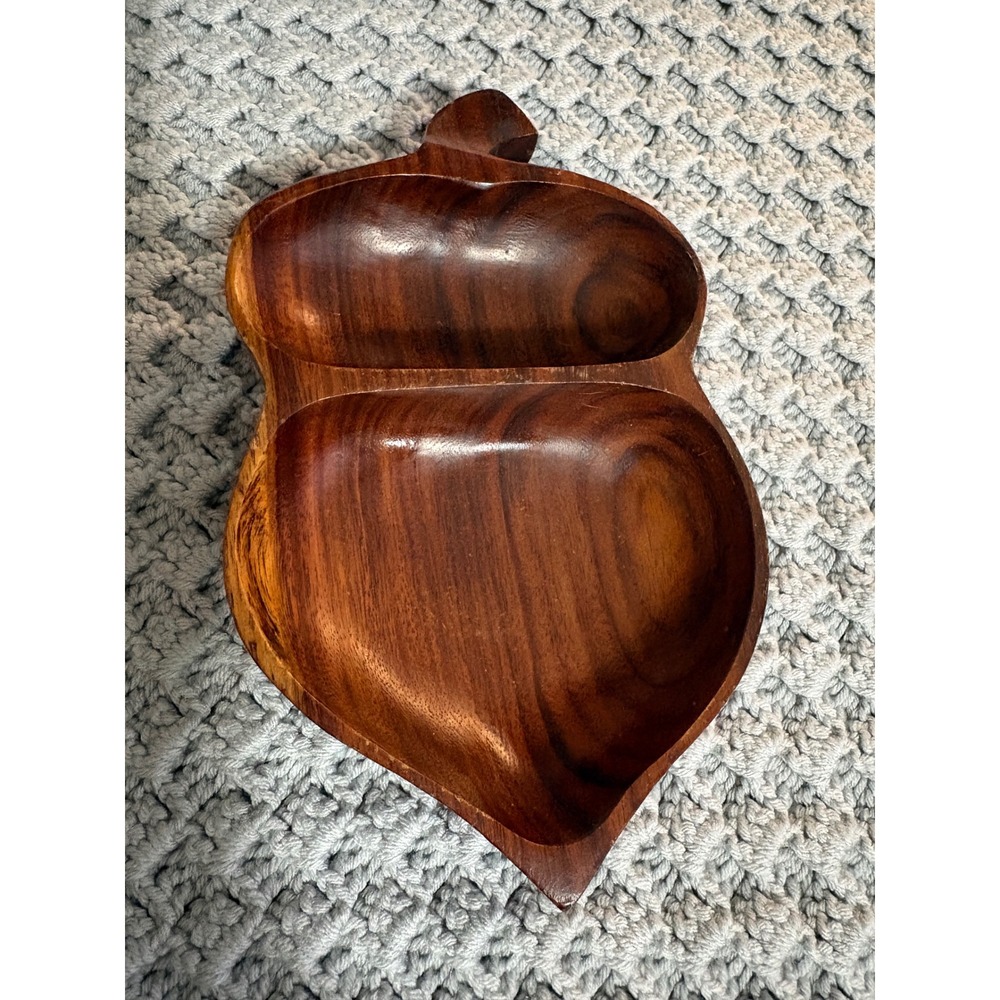 Vintage Acorn Monkey Pod Wood Bowl‎ Divided Serving Dish 2 Compartment MCM Boho